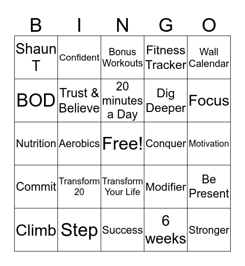 Transform 20 Bingo Card