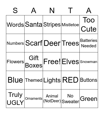 Seseberry/Sasberry Ugly Sweater Party 2019 Bingo Card