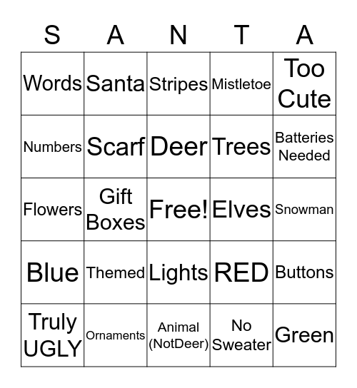 Seseberry/Sasberry Ugly Sweater Party 2019 Bingo Card