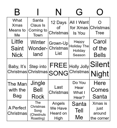 Christmas Song Bingo 2018 Bingo Card