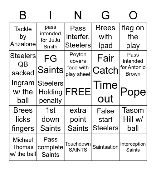 Saints vs Steelers Bingo Card