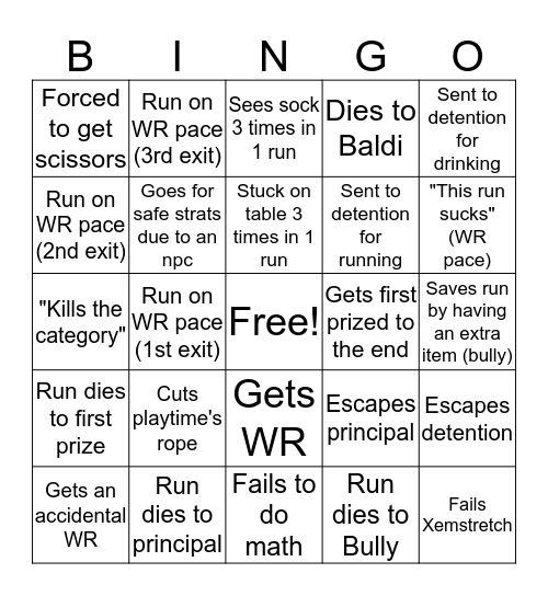 Baldi's Speedrunning Bingo Card