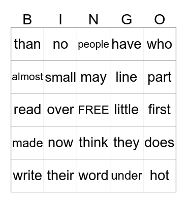 Sight Word Bingo Card