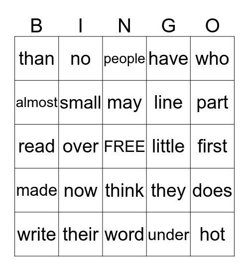 Sight Word Bingo Card