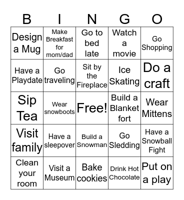 Winter Break Edition Bingo Card