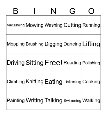 Verbs (Doing Words) Bingo Card