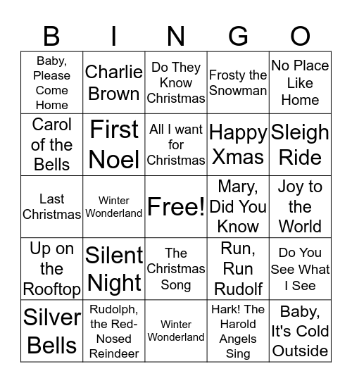 Christmas Song Bingo Card