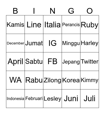 Nadia Bingo Card