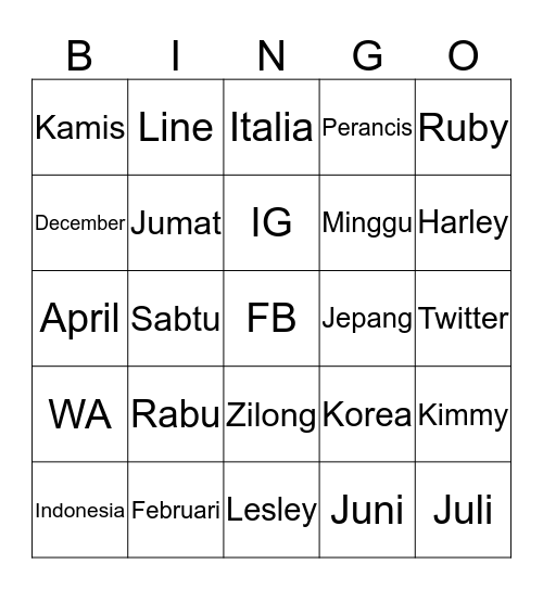 Nadia Bingo Card