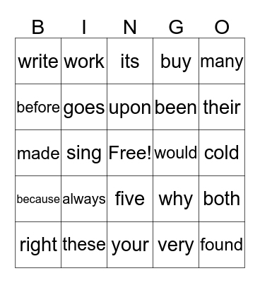 Sight Words Four Bingo Card