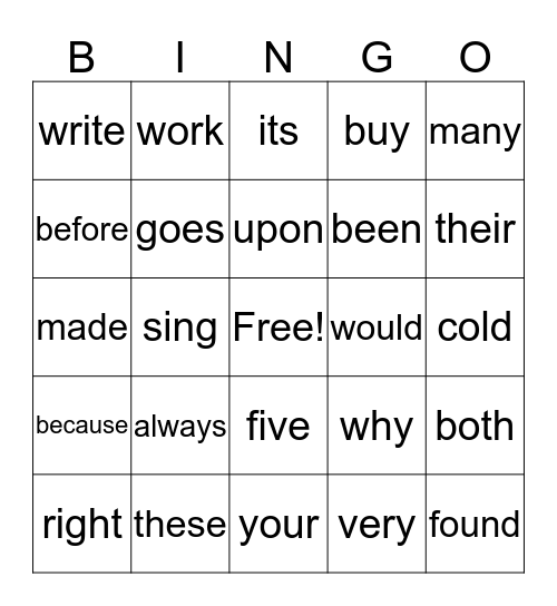 Sight Words Four Bingo Card