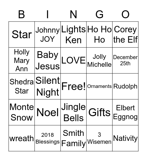 Smith Family Christmas 20181 Bingo Card