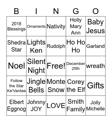 Smith Family Christmas 2018 Bingo Card