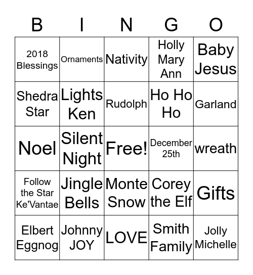 Smith Family Christmas 2018 Bingo Card