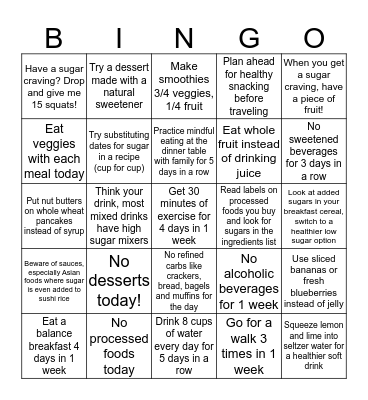 Kick the Sugar Bingo  Bingo Card