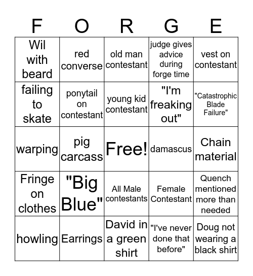 Forged In Fire Bingo Card