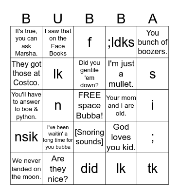 BUBBA BINGO Card