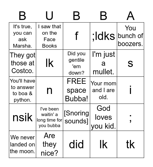 BUBBA BINGO Card