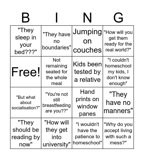 Unschool Christmas Holiday Bingo Card