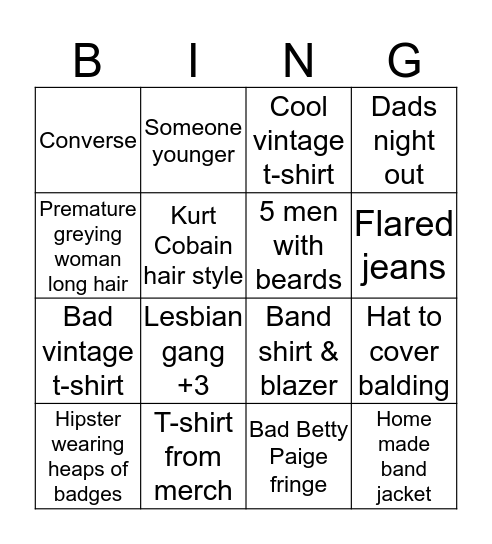 Nineties Band Show Bingo! Bingo Card