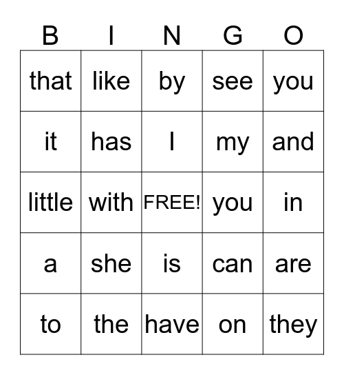 Sight Word Bingo Card