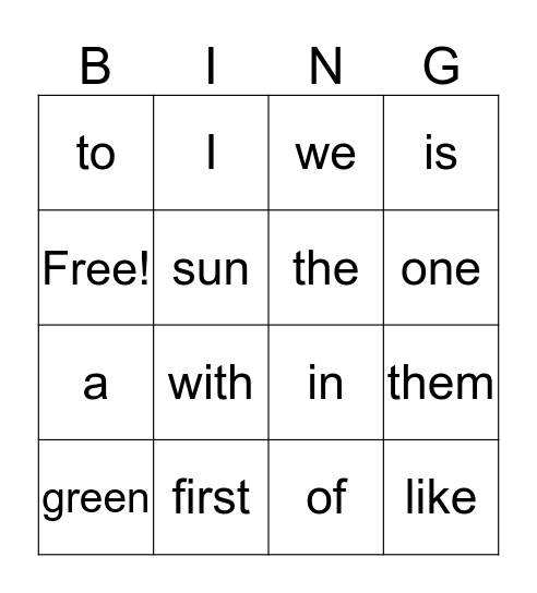 Sight Word Bingo Card