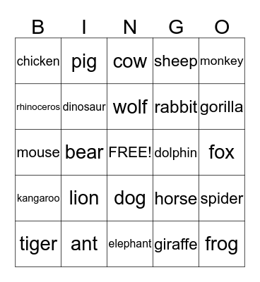Animal Bingo Card