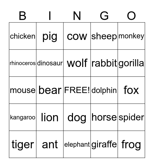 Animal Bingo Card