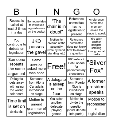 Alpha Phi Omega Legislative Session Bingo Card