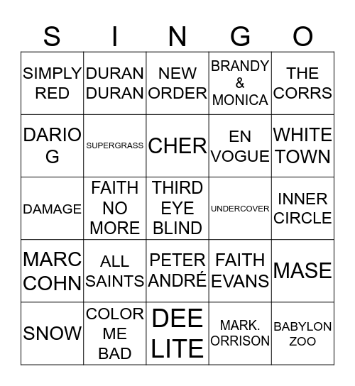 307 SMASH HITS ARTISTS 90’S Bingo Card