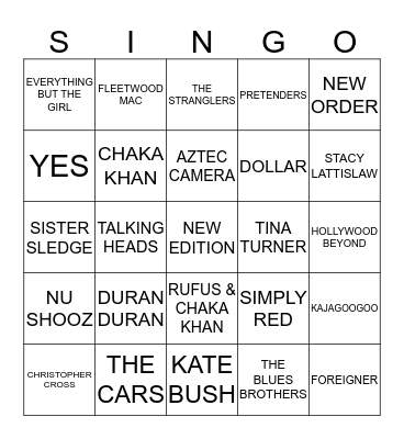308 SMASH HITS ARTISTS 80’S Bingo Card