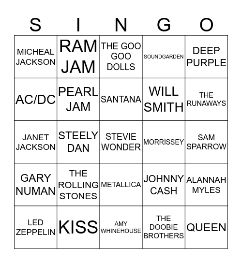 310 SONGS WITH BLACK IN TITLE ARTISTS Bingo Card