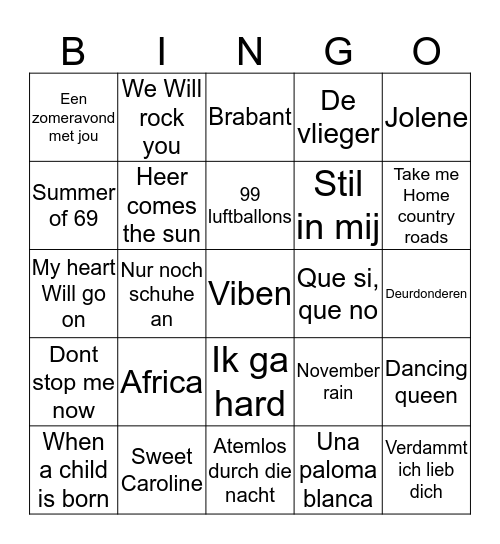Vakantieliedjes Bingo Card