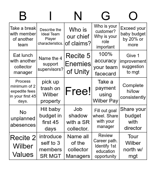 1st 45 day BINGO Card