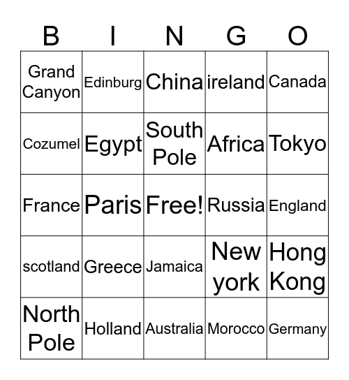 Places around the world Bingo Card