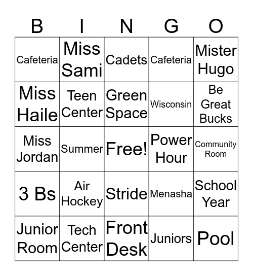 Boys and Girls Club Bingo Card