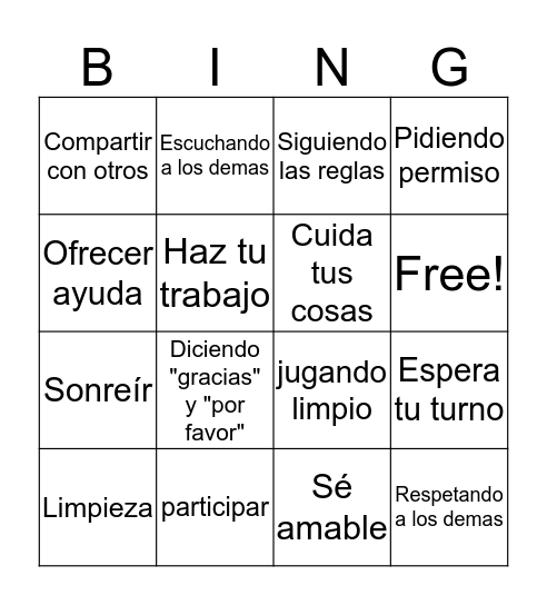 comportamientos positivos Bingo Card