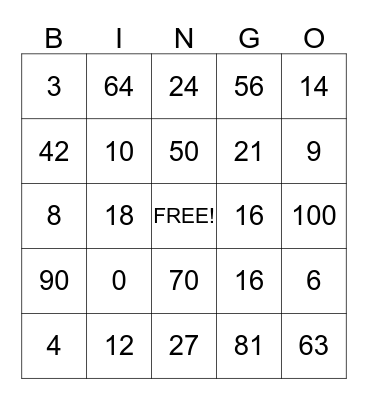 Multiplication Bingo Card