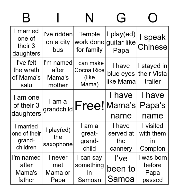 OLSEN & DORA AHMU BINGO CARD Bingo Card