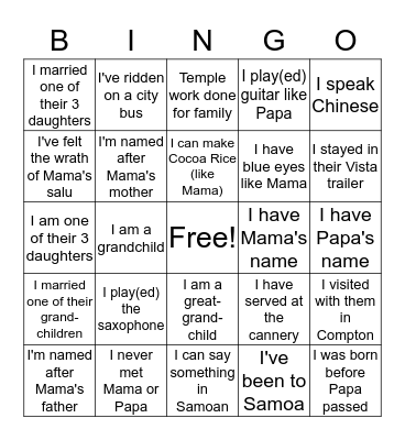 OLSEN & DORA AHMU BINGO CARD Bingo Card