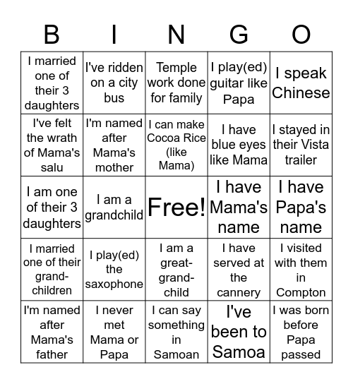 OLSEN & DORA AHMU BINGO CARD Bingo Card