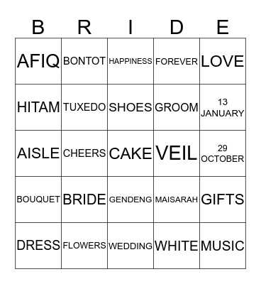 Maisarah's Bridal Bingo Card