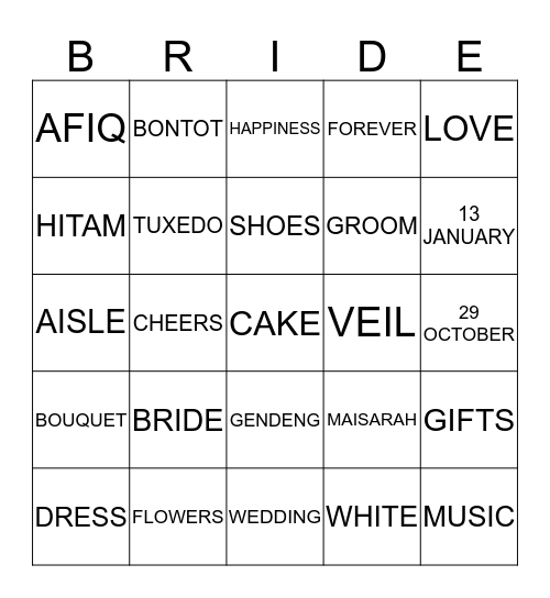 Maisarah's Bridal Bingo Card