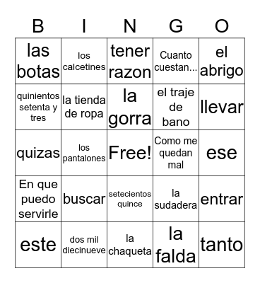 7A Vocabulario Bingo Card