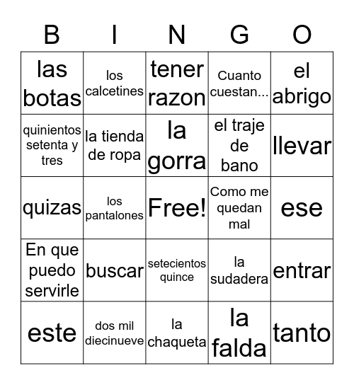 7A Vocabulario Bingo Card