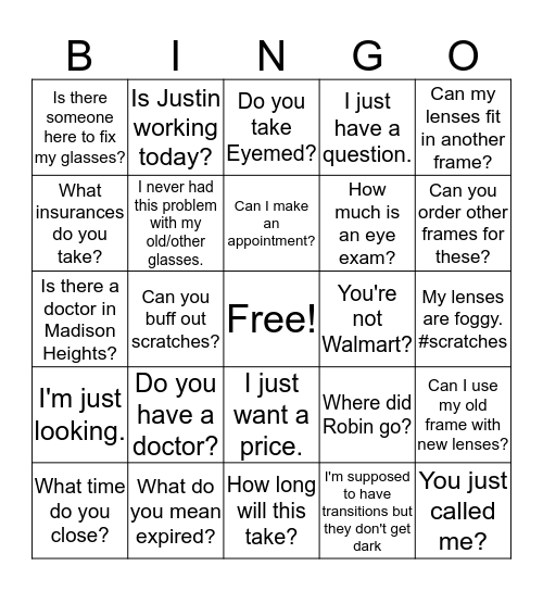 Things Customers Say Bingo Card