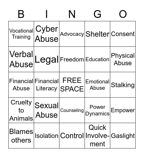 L.I. Against Domestic Violence Bingo Card
