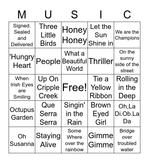 Music BingoJANUARY 2019 Bingo Card