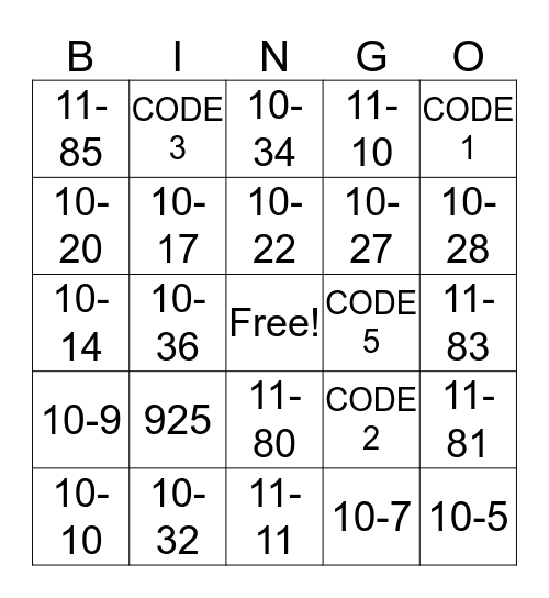 RADIO CODES Bingo Card