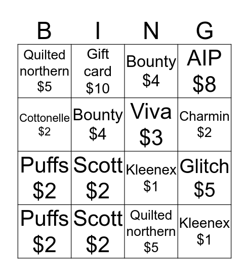 Glitter Bingo Card